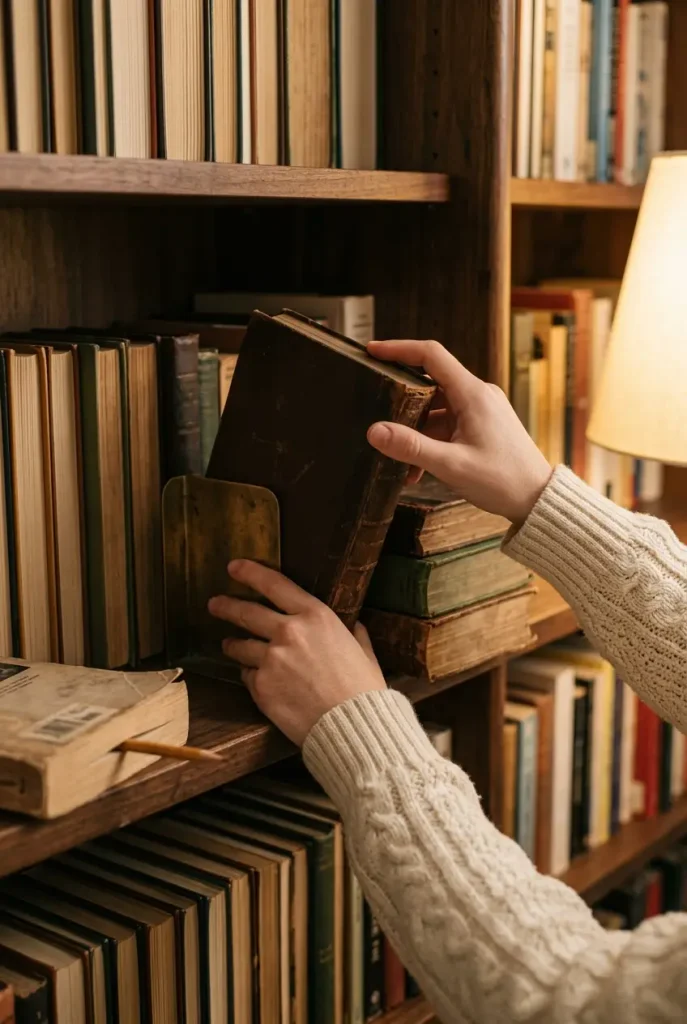 Hands shelving a hardcover next to a flat book stack on dark wood library shelves under warm lamplight