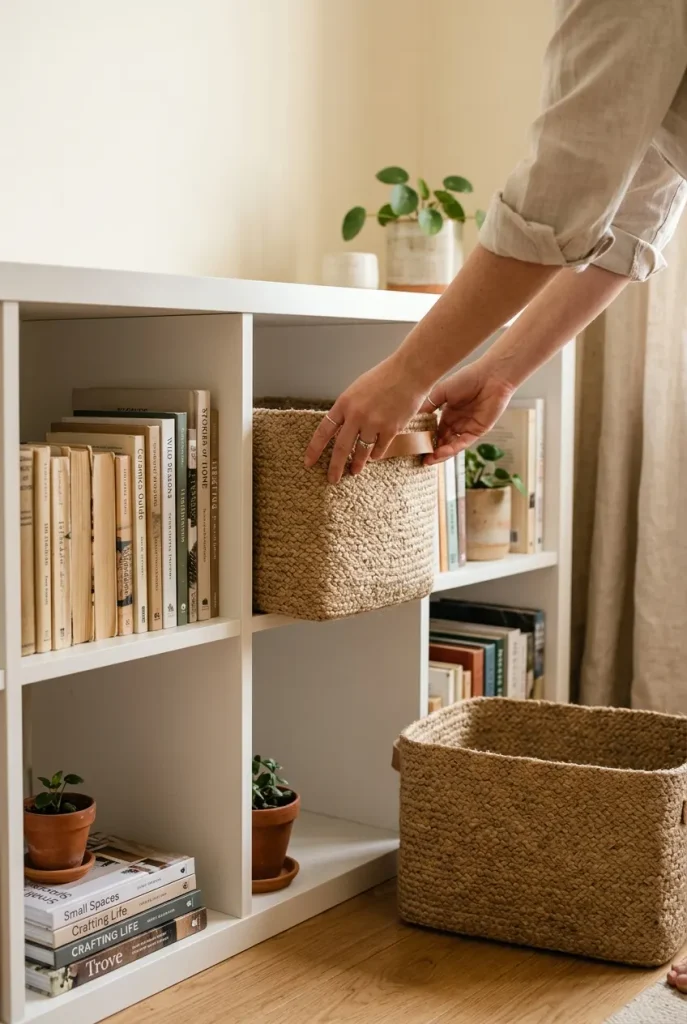 Hands sliding a woven bin into a white cube shelf in a small apartment