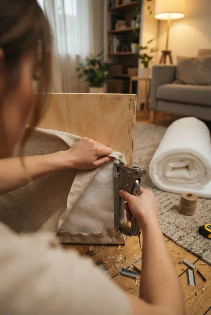 Hands stapling linen fabric over batting onto a plywood DIY headboard panel.