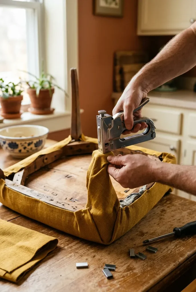 Hands stapling mustard linen onto an upside down chair seat pad during reupholstery