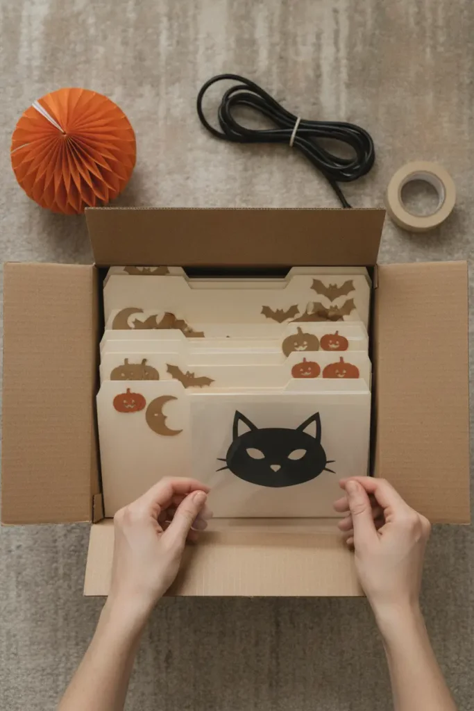 Hands storing a vintage Halloween die cut in a sheet protector inside a file box for next year