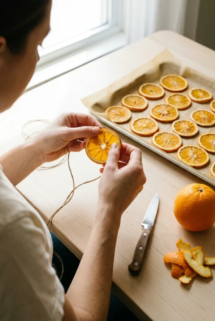 Hands stringing dried orange slices onto twine for a DIY fall garland.
