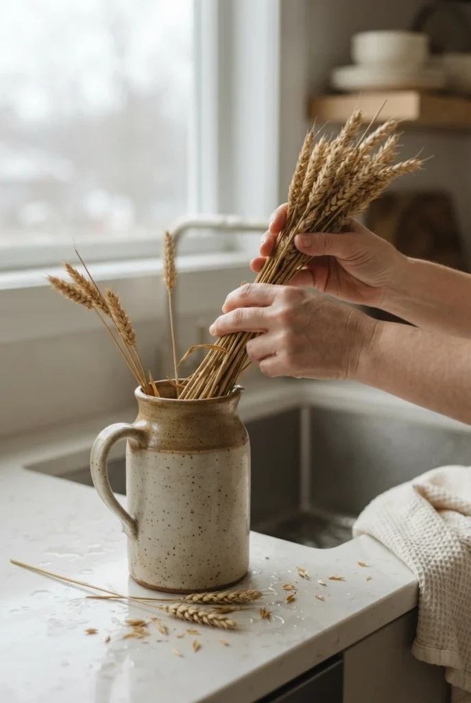 Hands swapping dried wheat stems in a stoneware jug beside a kitchen sink