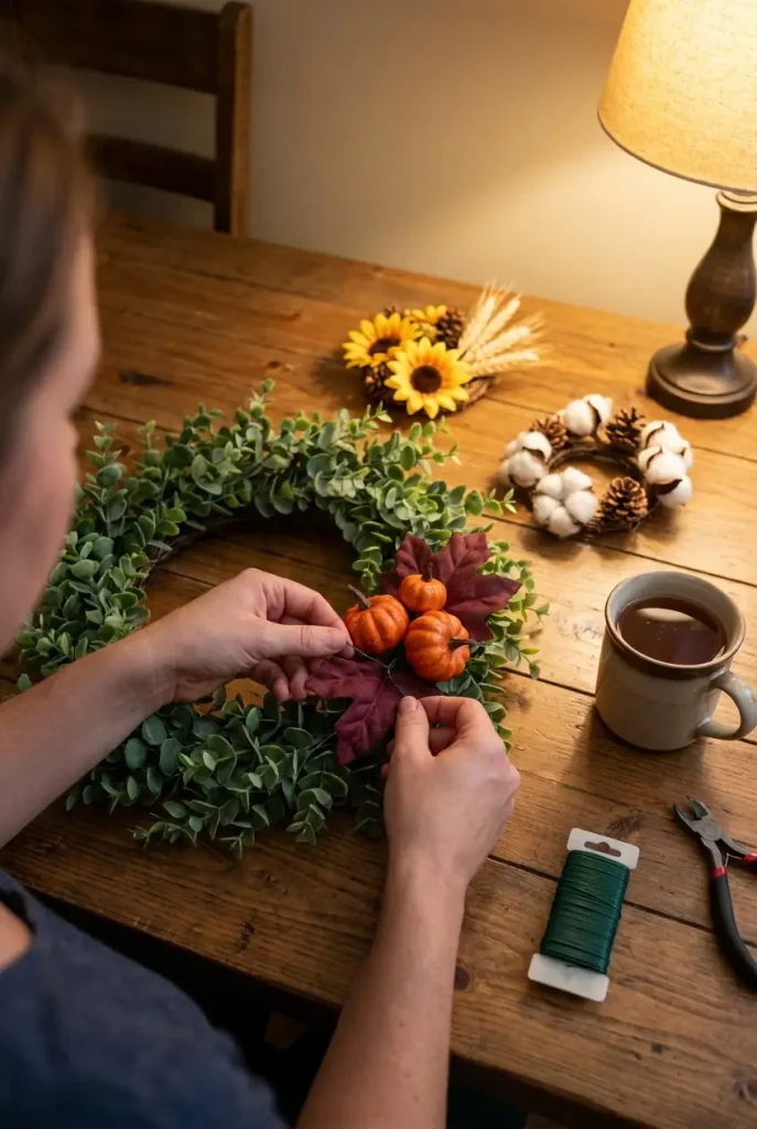 Hands swapping seasonal clusters on one eucalyptus fall wreath base