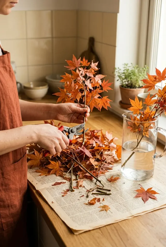 Hands trimming maple branches to put in a glass jug for a fall mantel