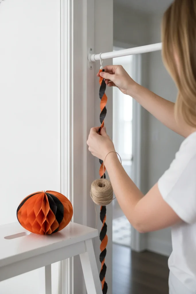 Hands tying a twisted crepe paper streamer to a tension rod in a doorway for vintage Halloween decor