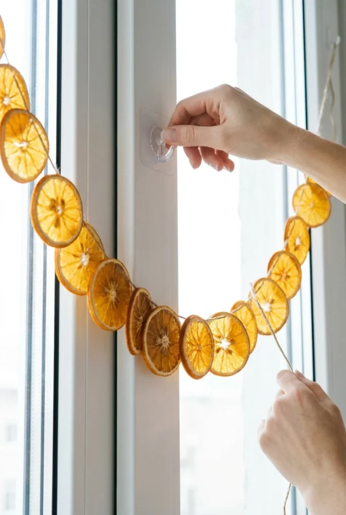 Hanging a dried orange garland with an adhesive hook, no drilling required.