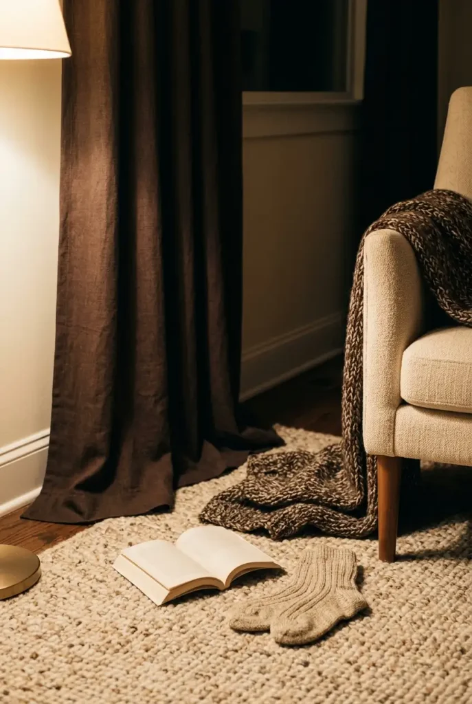 Heavy curtain, wool rug, and knit throw layered in a quiet library reading nook corner at night
