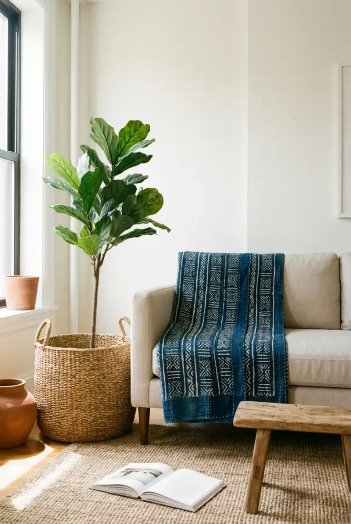 Indigo African textile draped on a sofa with a handwoven basket plant in a boho living room.