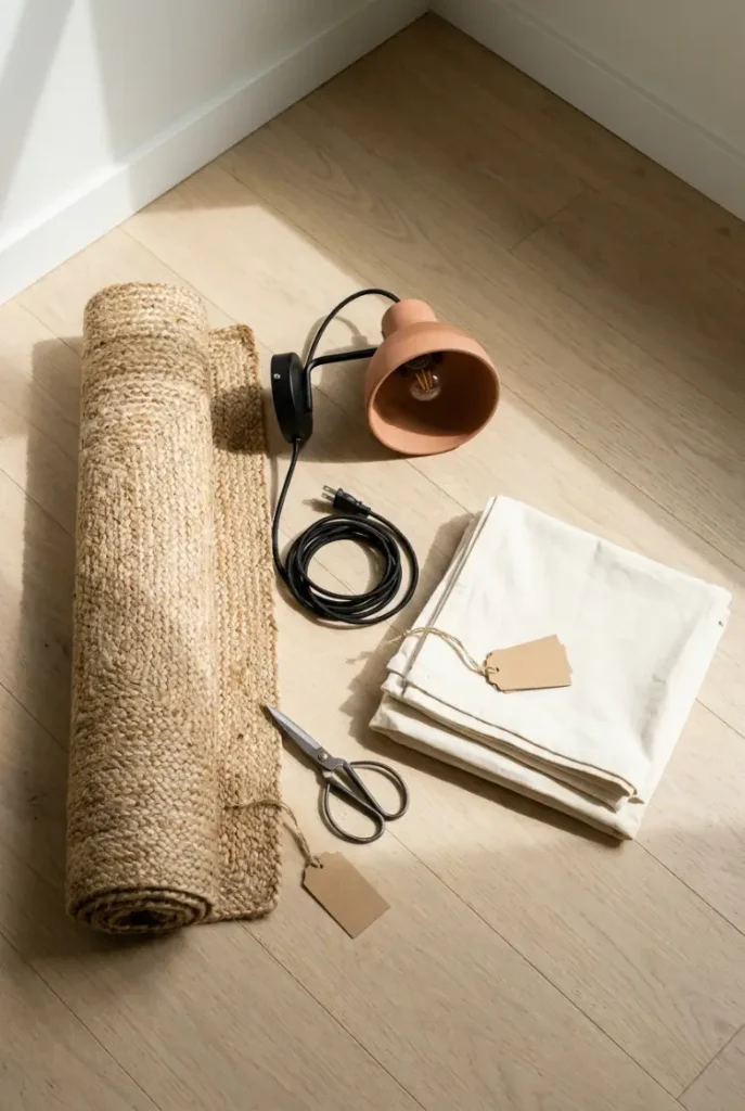 Jute rug, corded wall lamp and cotton pillow covers laid out as a boho living room starter set.
