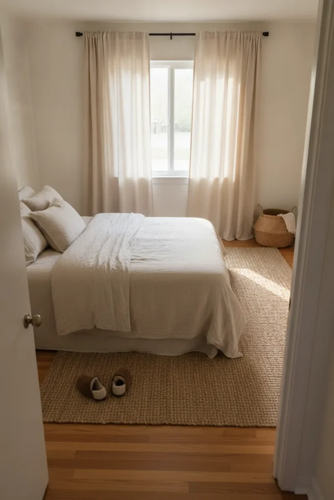 Jute rug sized correctly under a queen bed with linen curtains hung high in a farmhouse bedroom
