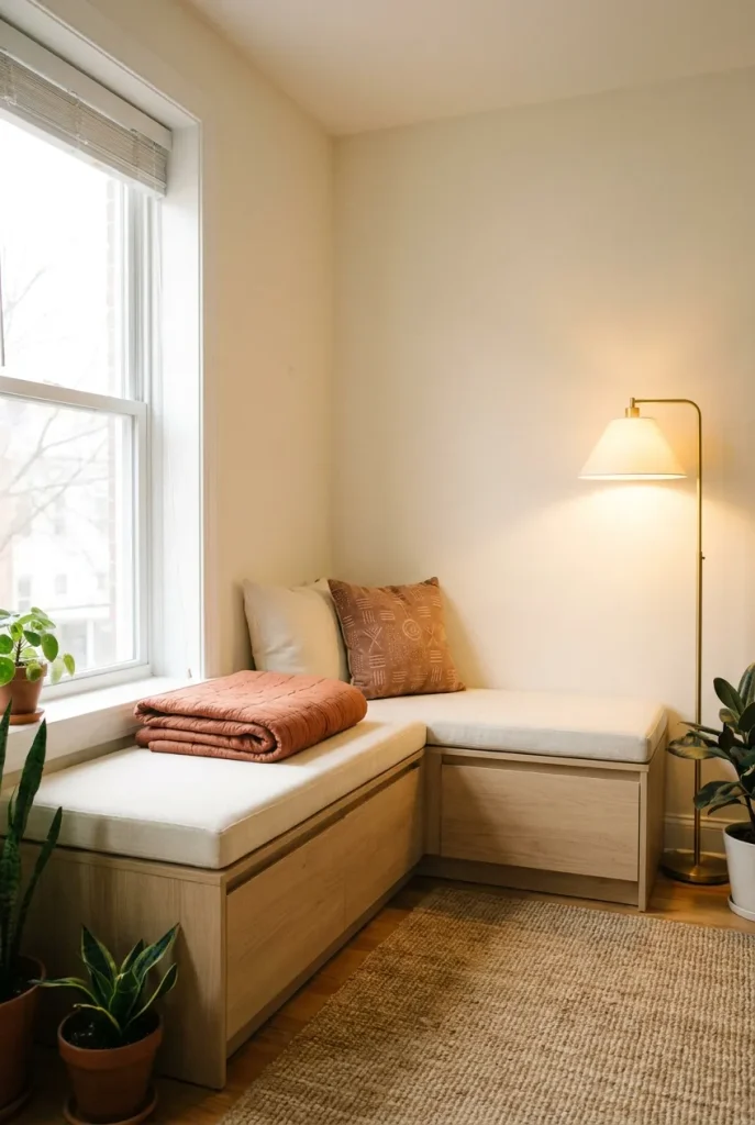 L shaped built in window seat wrapping into a small living room corner