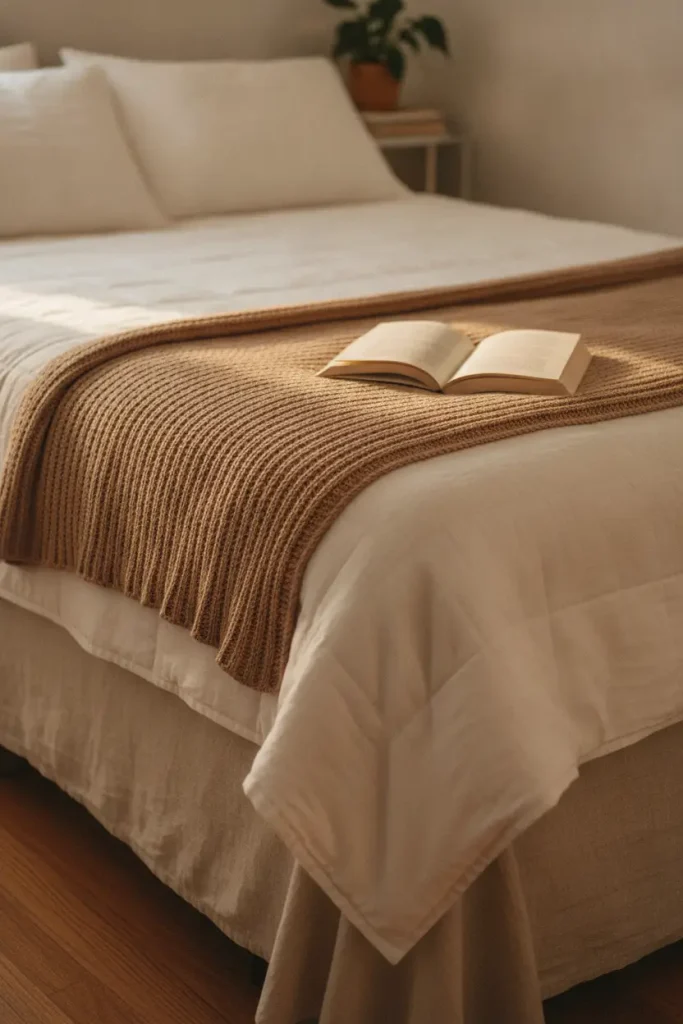 Layered bed with linen sheets and a textured throw in a cozy minimalist bedroom.