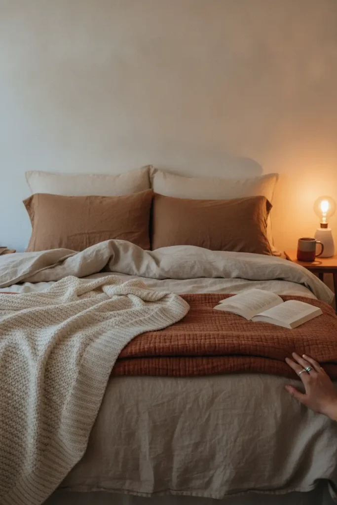 Layered cozy bedding on a queen bed with linen duvet, rust quilt, and knit throw under a warm lamp