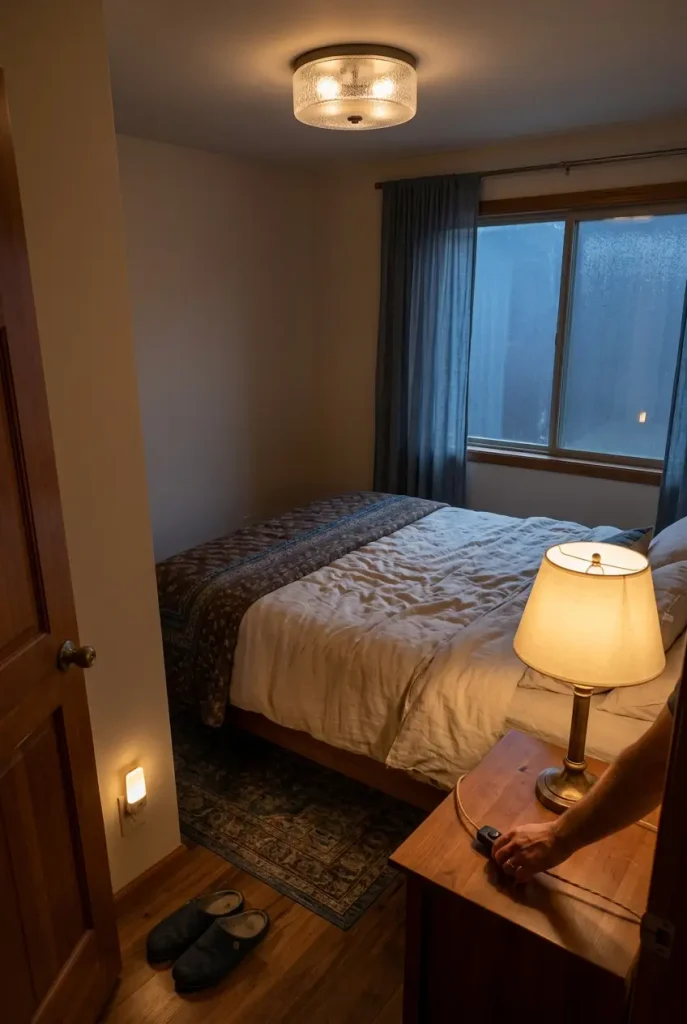 Layered lighting with lamp, dimmer, and night-light in a small bedroom for couples