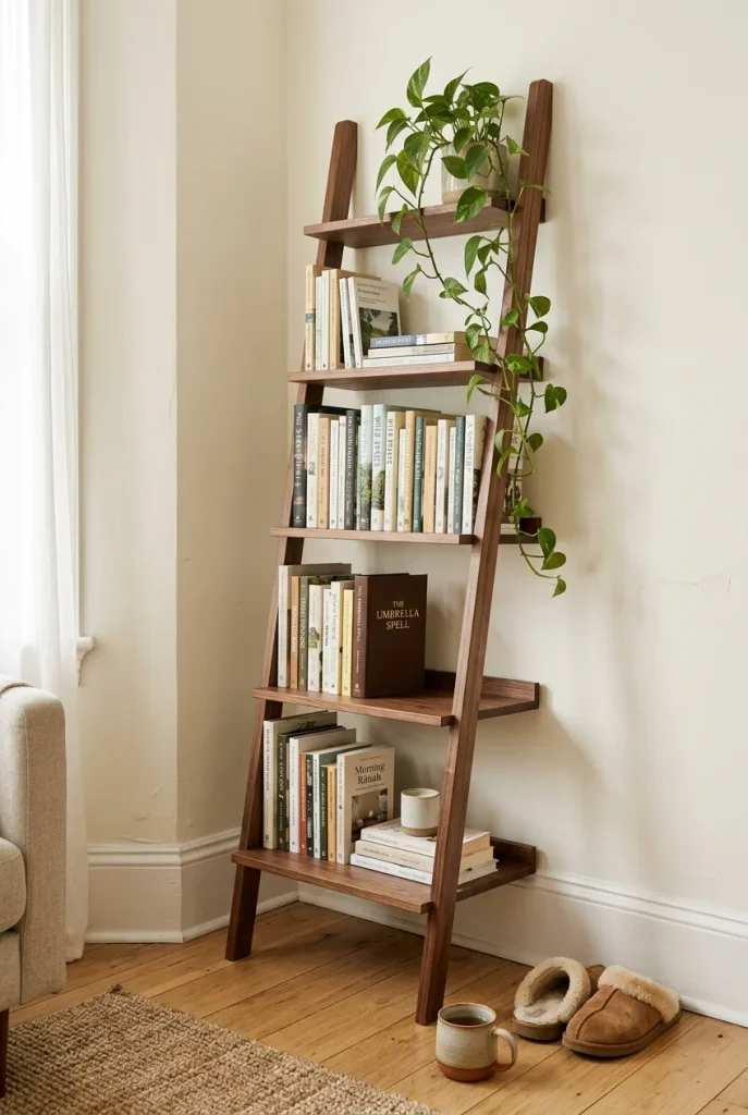 Leaning ladder bookshelf against an apartment wall, no drilling required
