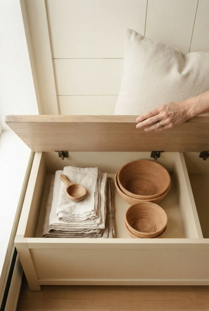 Lift top kitchen banquette bench open to show storage baskets and linens inside.