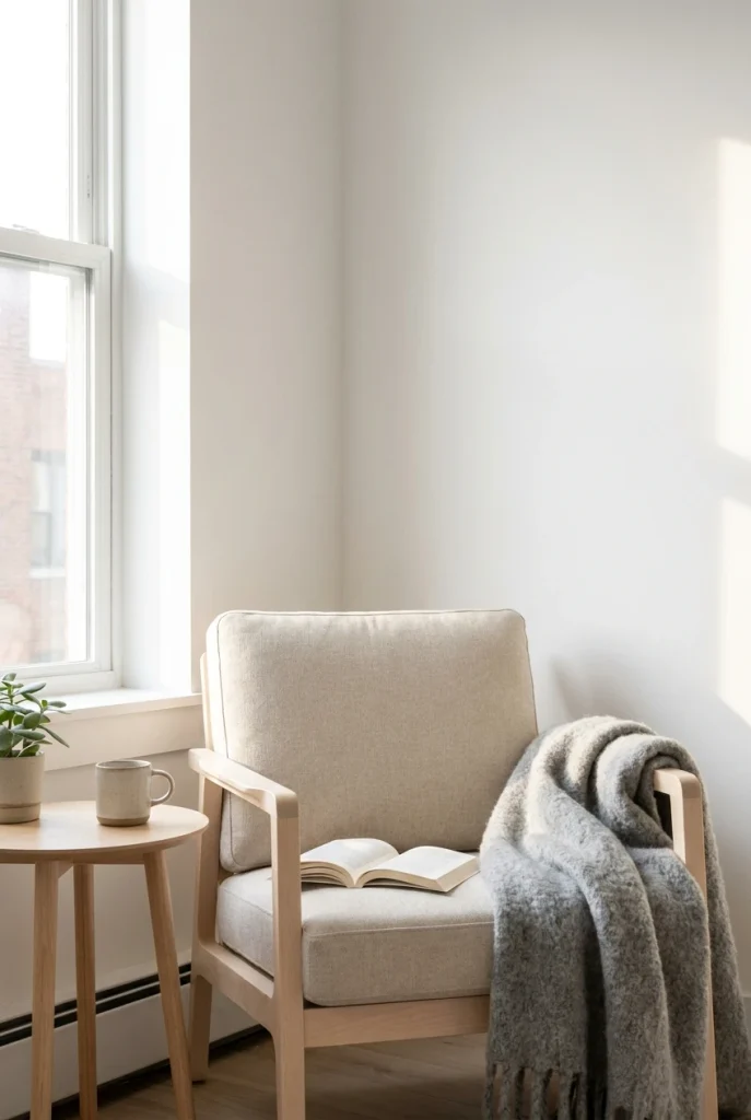 Light wood armchair in a sunlit corner of a small Scandinavian living room with a wool throw.