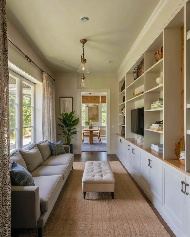 Long narrow living room with a grey sofa and tufted ottoman on a jute rug, a built-in white cabinet wall with open shelving, a mounted TV, glass pendant lights, and a view through to a dining room.