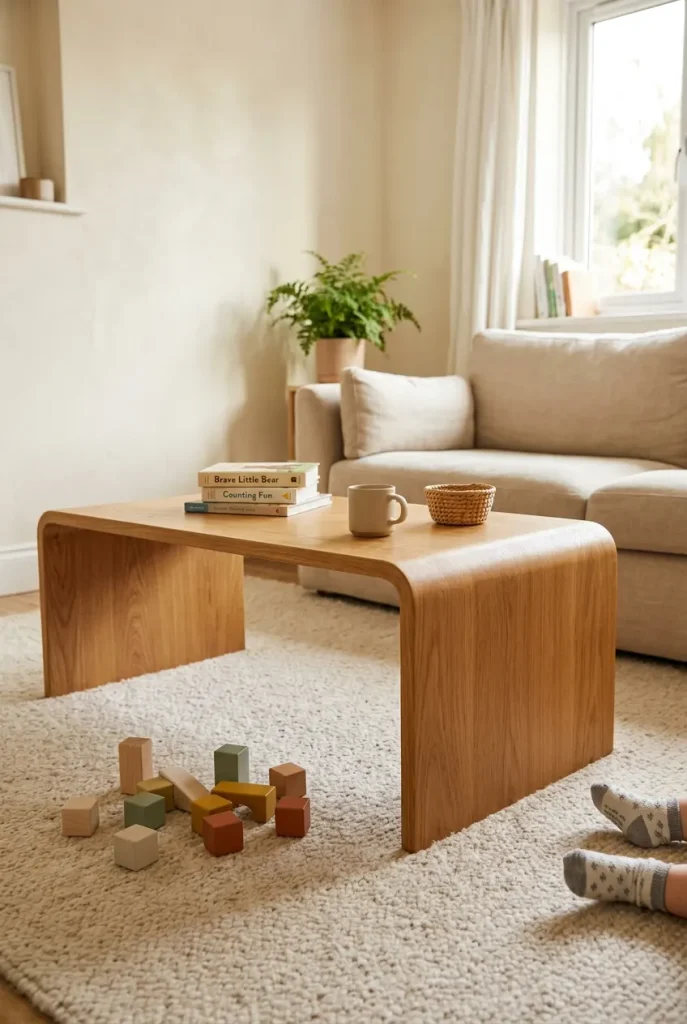 Low DIY coffee table with rounded corners in a family living room at kid height.