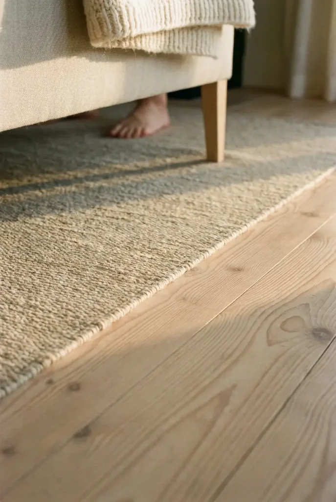 Low close-up of an oat wool rug edge and birch sofa legs in a Scandinavian living room.