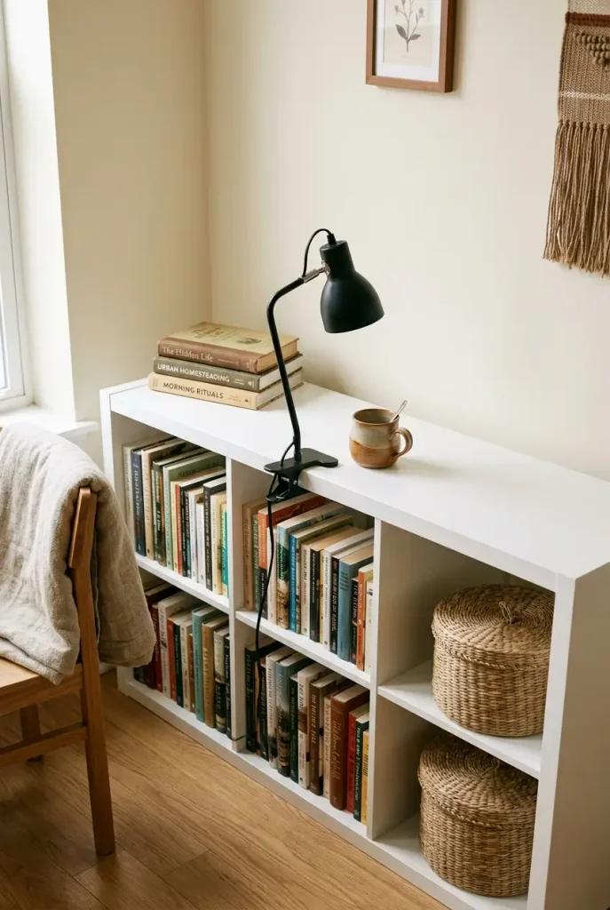 Low white cube bookshelf on its side with books, baskets, and a clamp lamp for a renter library nook