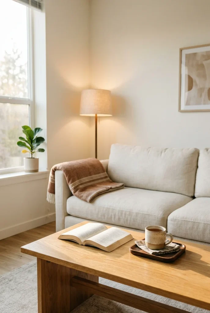 Low wooden DIY coffee table in a small apartment living room with afternoon light.