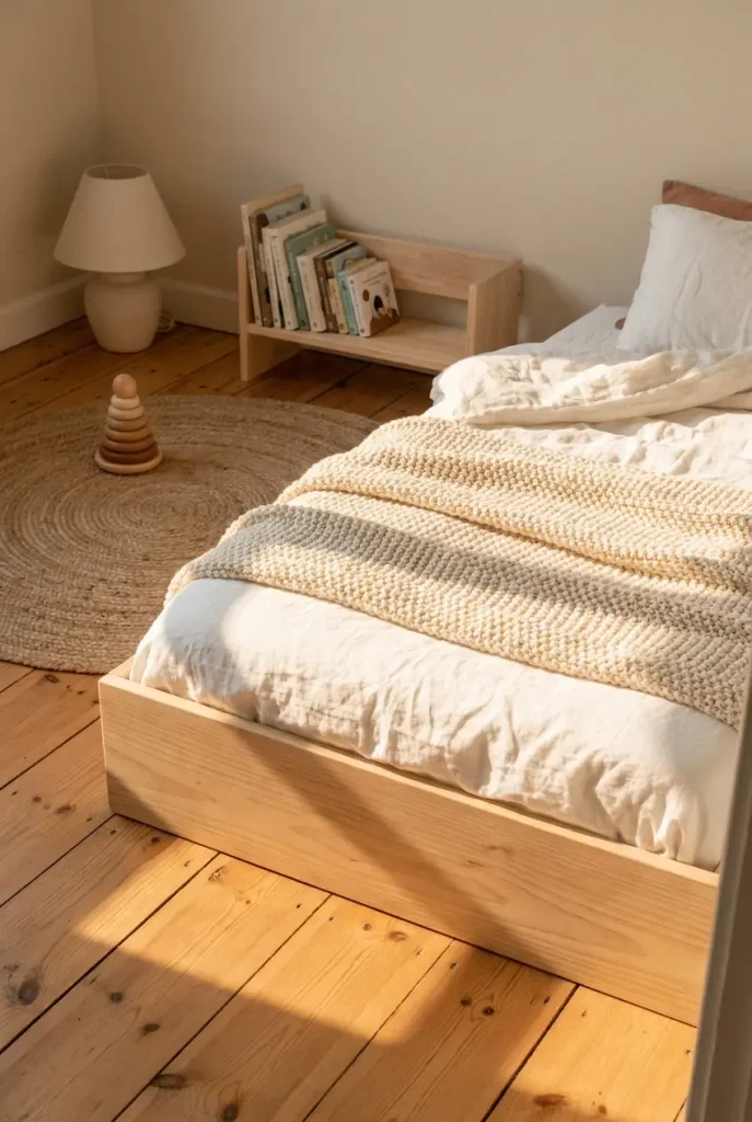 Low wooden Montessori floor bed in a calm kids room at golden hour