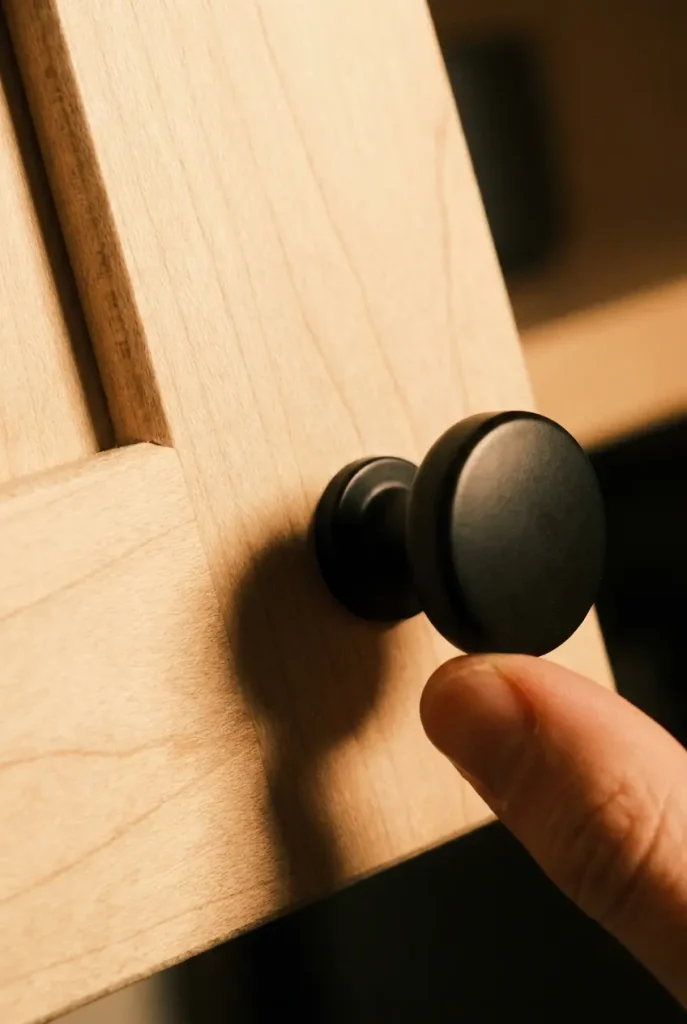 Matte black knob on a birch cabinet door lit by warm lamplight, a small Scandinavian detail.