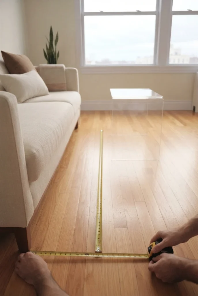 Measuring the walkway clearance between a sofa and wall in a small apartment