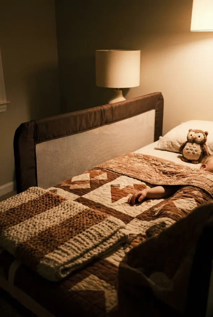 Mesh child bed rail on a twin bed with a sleeping toddler's hand on the quilt
