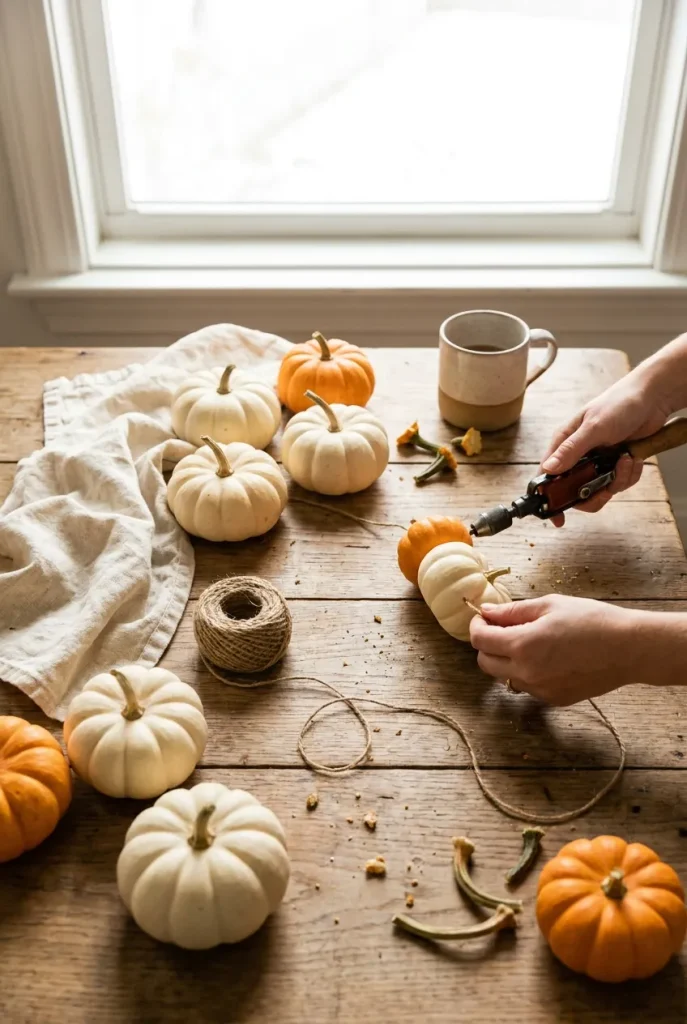 Mini pumpkins being threaded onto twine for a small space fall garland.