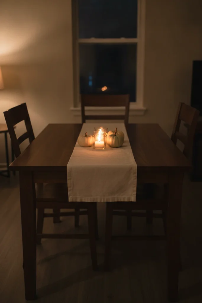 Minimal fall tablescape with three objects on a bare wood dining table.