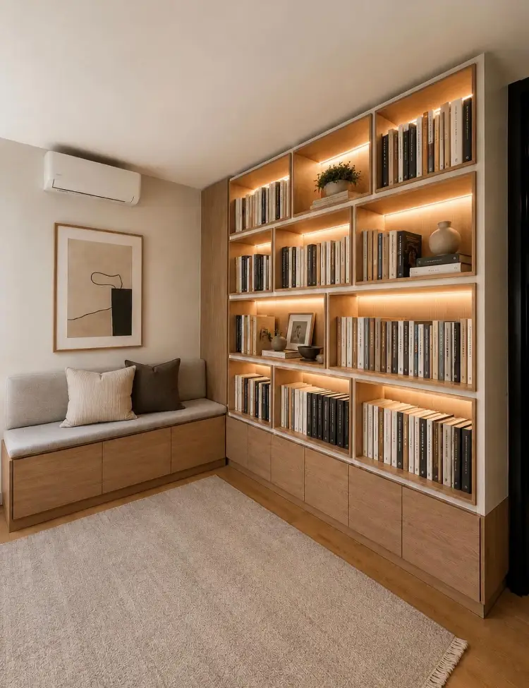Minimalist reading corner with a modern wood bookshelf featuring backlit cubbies of books and small decor, an L-shaped storage bench with grey cushions and two pillows, an abstract framed print, and a neutral rug.