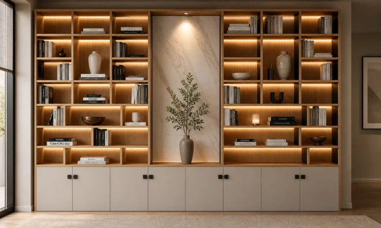 Modern built-in wood shelving unit with backlit cubbies displaying books and ceramic vases, a marble-paneled niche with a spotlit potted plant, and closed lower cabinets.