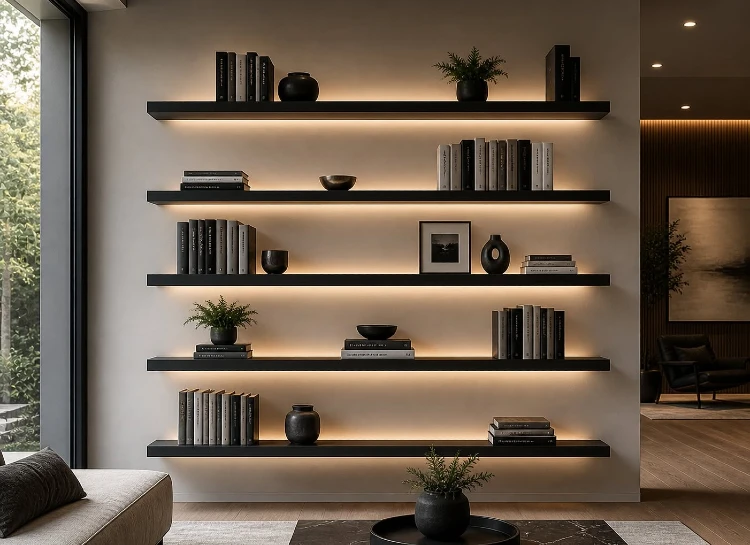 Modern floating black shelves with warm backlighting, styled with books, small plants, black ceramic vases, and framed art, above a sofa and a round black coffee table.