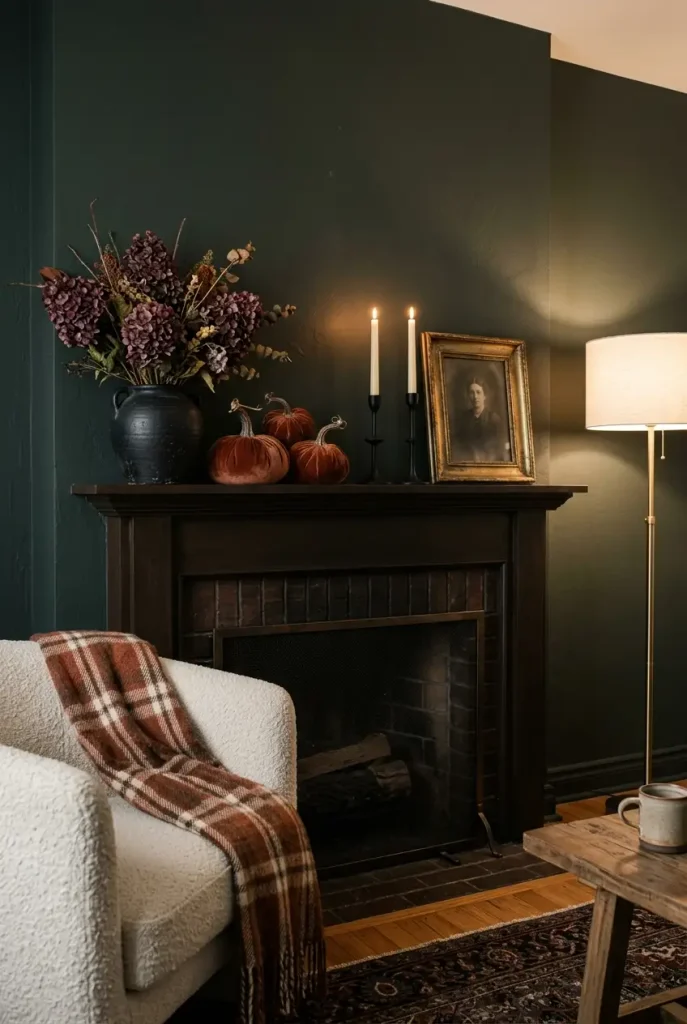 Moody fall mantel with plum hydrangeas, rust pumpkins, and black candlesticks in lamp light