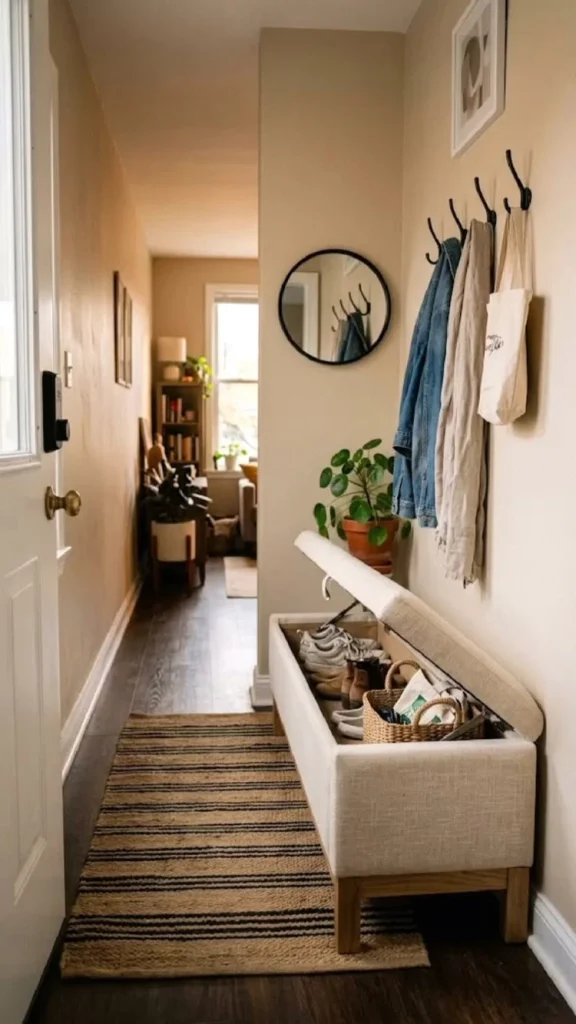 Narrow entryway hallway with an open storage bench holding shoes and a basket, wall hooks with jackets and a tote bag, a round mirror, a potted plant, and a striped runner rug leading to the front door.