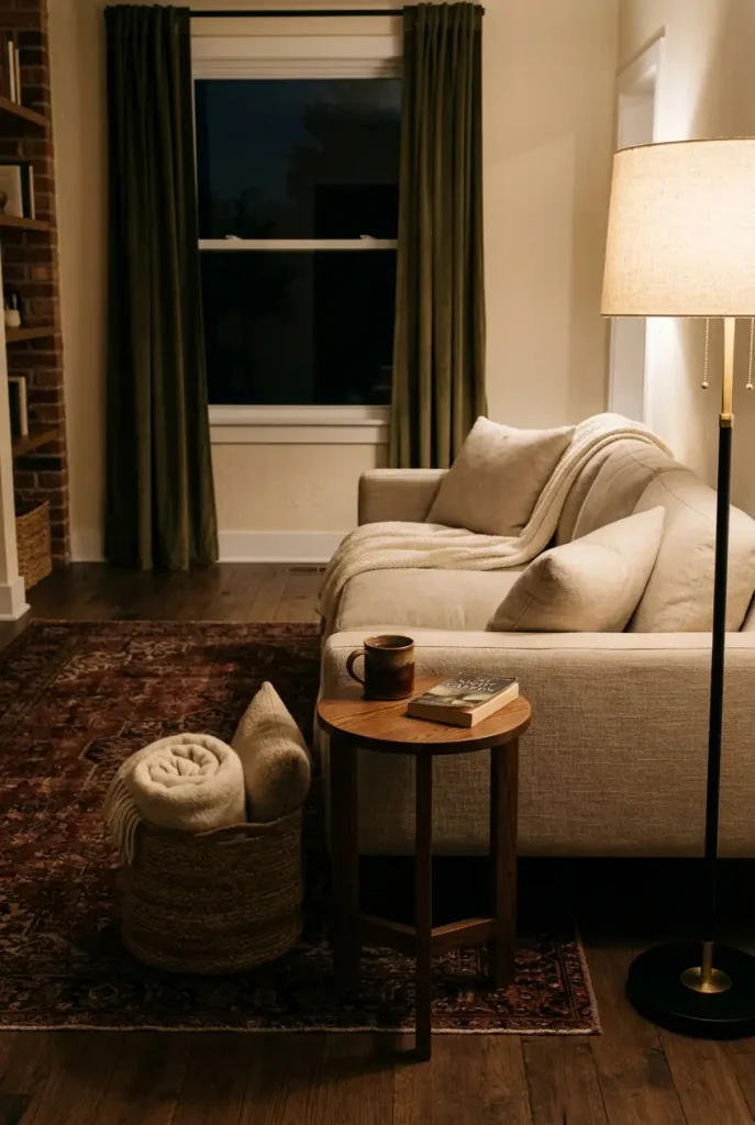 Narrow side table beside a sofa replacing a coffee table in a small room at night