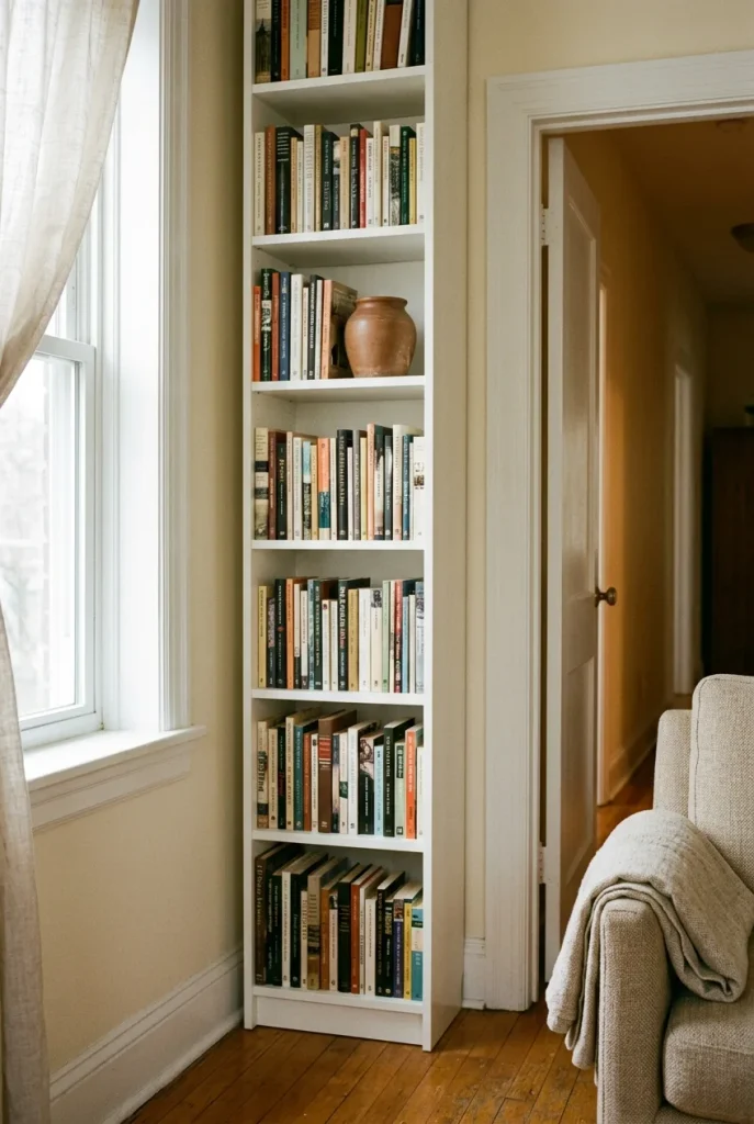 Narrow white modern bookshelf filling a slim wall strip beside a doorway