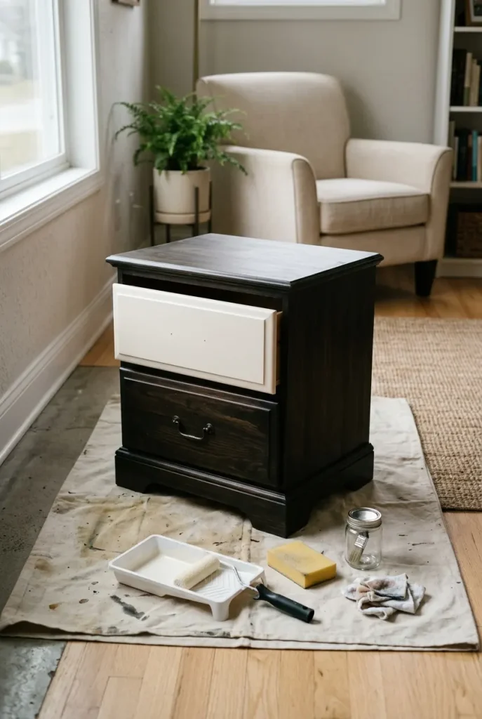 Nightstand half painted white showing a no sanding furniture makeover in progress