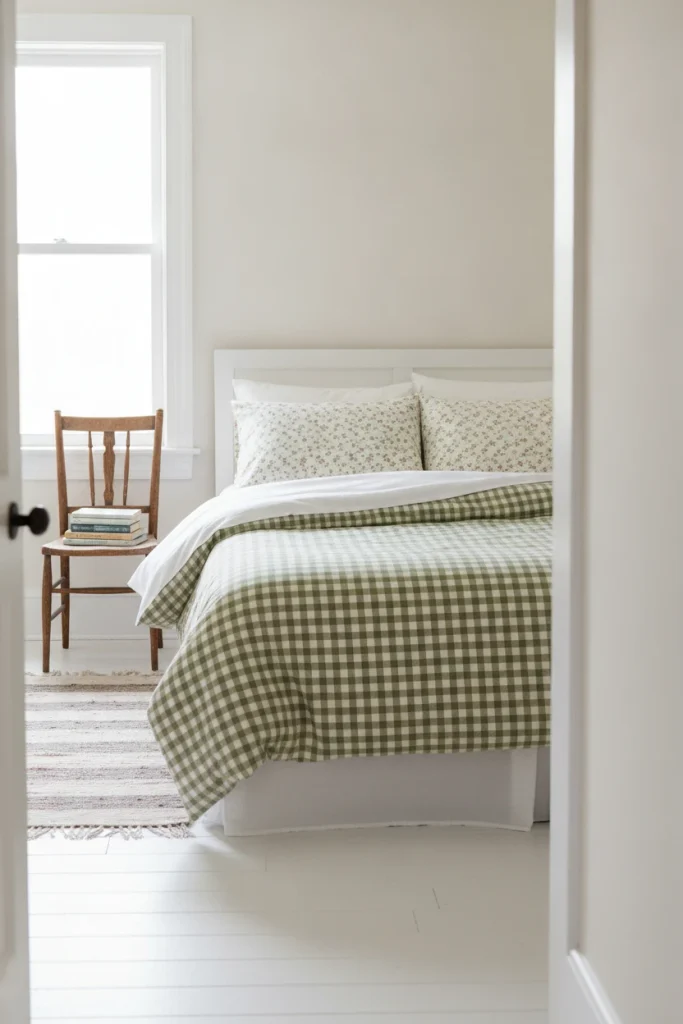 Olive gingham duvet with small floral shams on a cottage bed