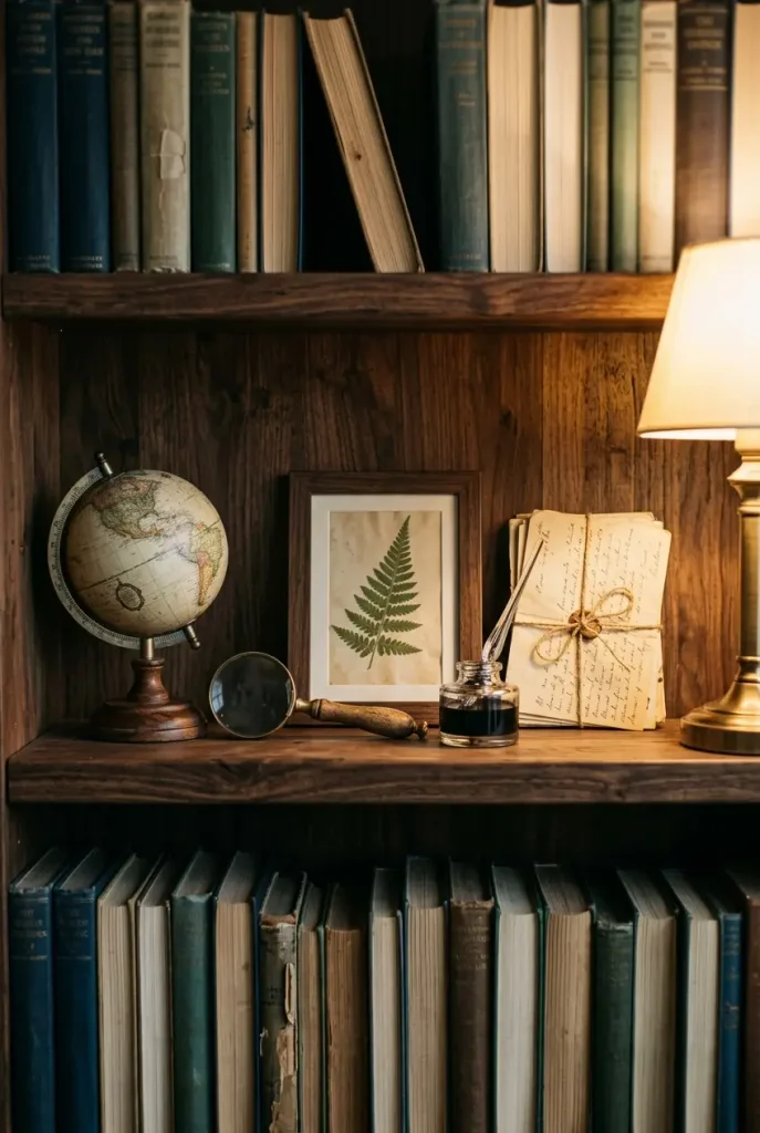 One dark wood shelf styled with a globe, brass magnifier, and pressed fern in a dark academia library