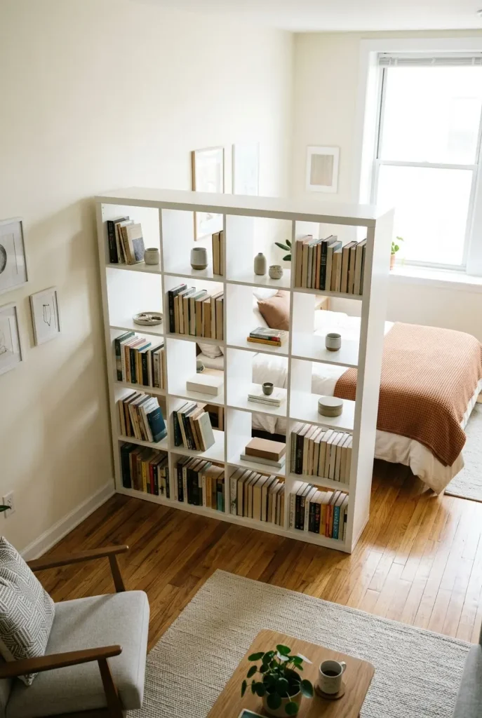 Open cube shelving used as a room divider in a small studio apartment
