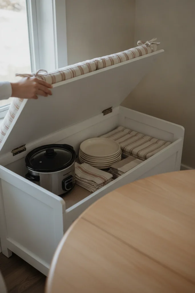 Open lift-lid storage bench holding a slow cooker and platters in a kitchen dining nook