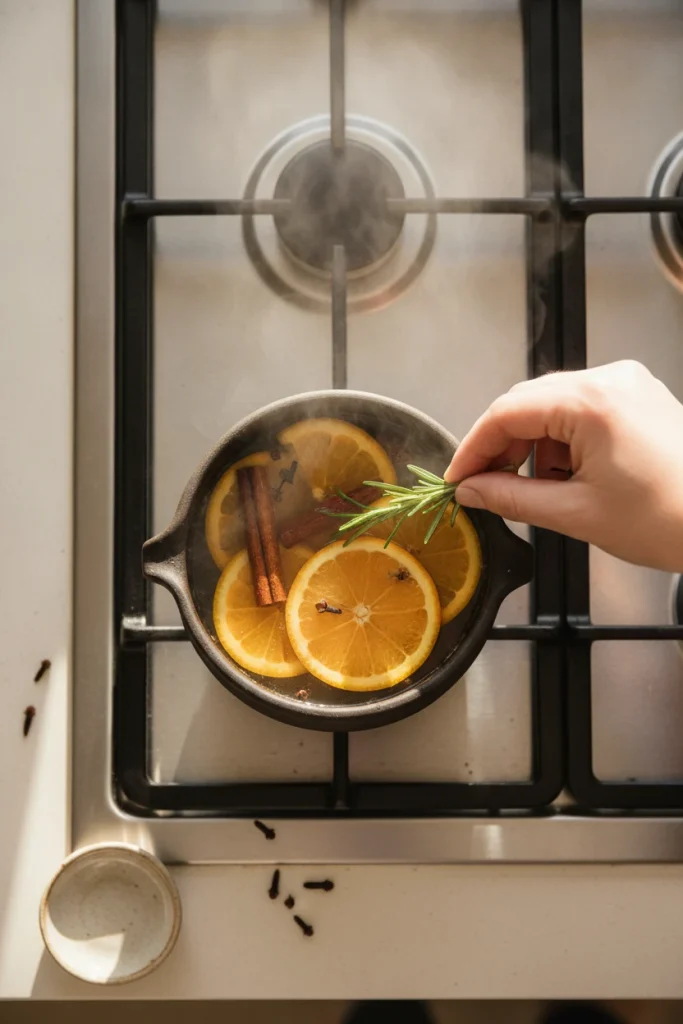 Orange and cinnamon simmer pot on an apartment stove for fall and halloween scent.