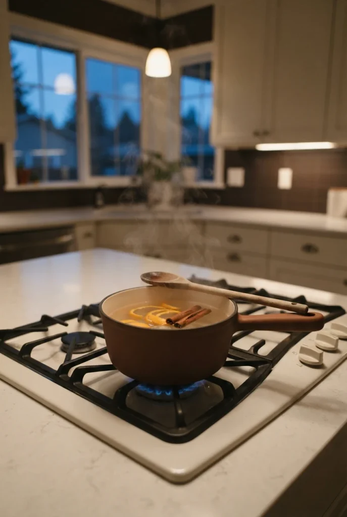 Orange peel and cinnamon simmering on a stove to scent a fall kitchen