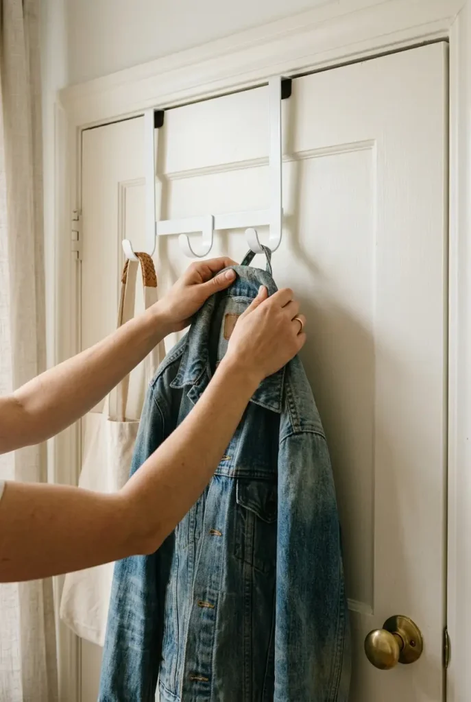 Over-the-door hooks adding closet space in a tiny bedroom for couples