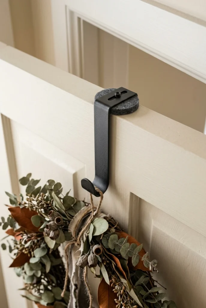 Over-the-door wreath hanger on a felt pad, a no-drill way to hang fall entryway decor on a front door