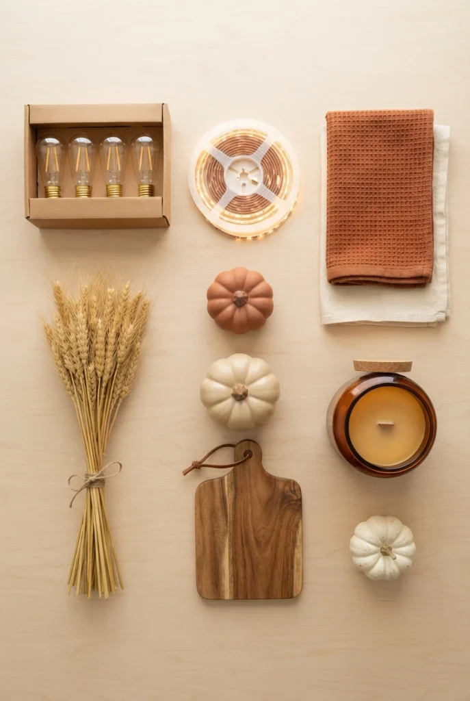 Overhead flat lay of a seven piece fall kitchen starter set on a wood table